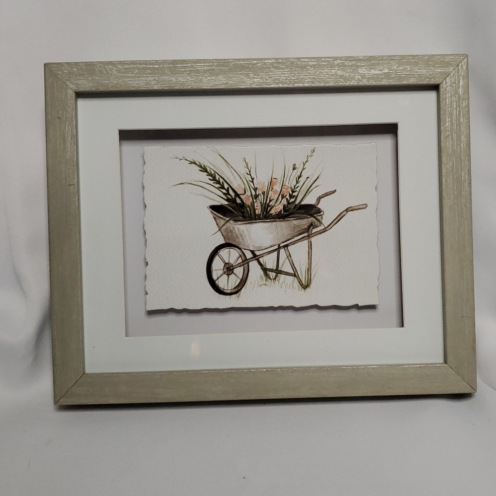 Framed Print Wheel Barrow With Flowers And Greenery 8"X10"  Box Frame Floating